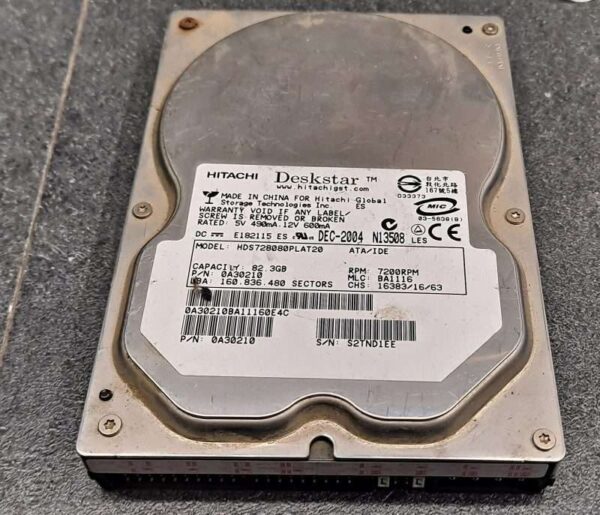 Disque Dur Hitachi Deskstar HDS728080PLAT20 IDE 82,3 Go 3,5
