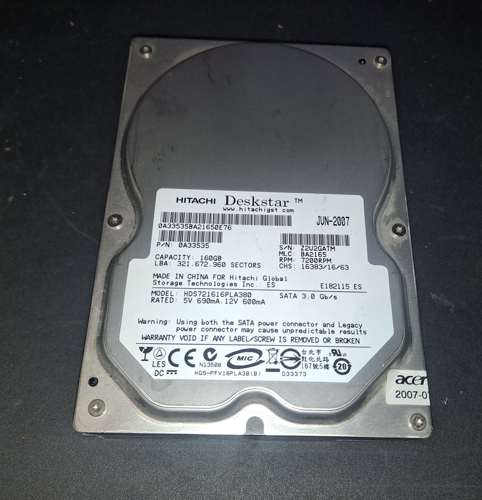 Disque dur HITACHI 7K160 HDS721616PLA380 160 Go 7200 Tr/min 8 Mo SATA II 3,5