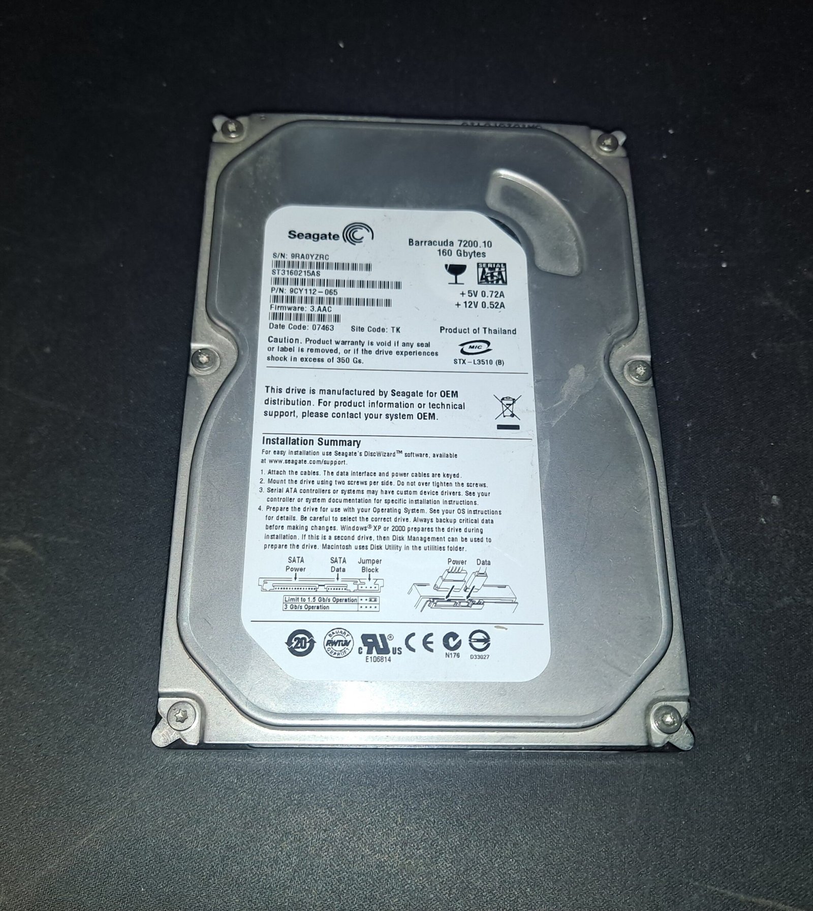 Disque dur 3.5 Sata Seagate barracuda ST3160215AS 160 Go
